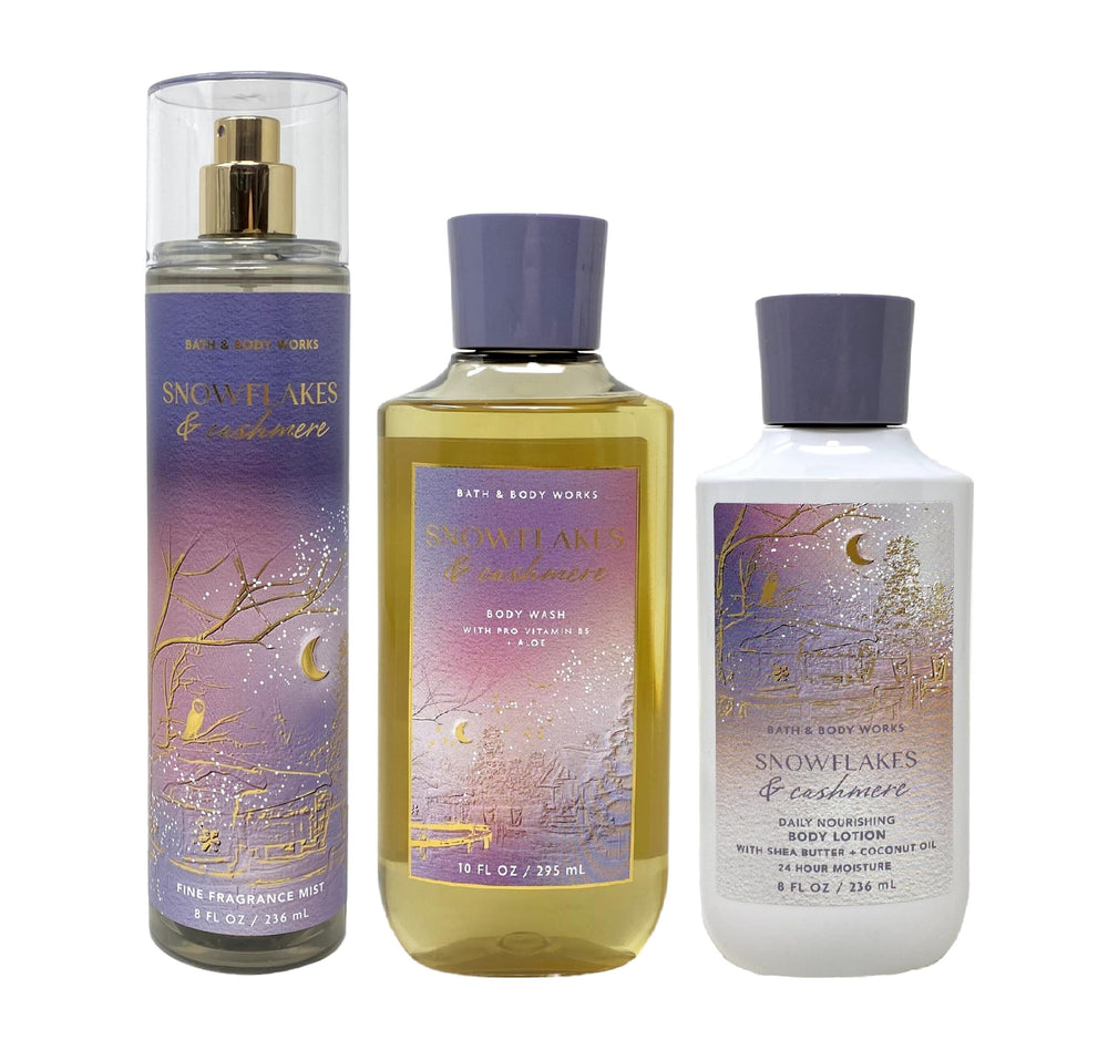 Bath & Body Works Snowflakes & Cashmere shower gel bottle showcasing cozy vanilla cashmere scent for daily cleansing