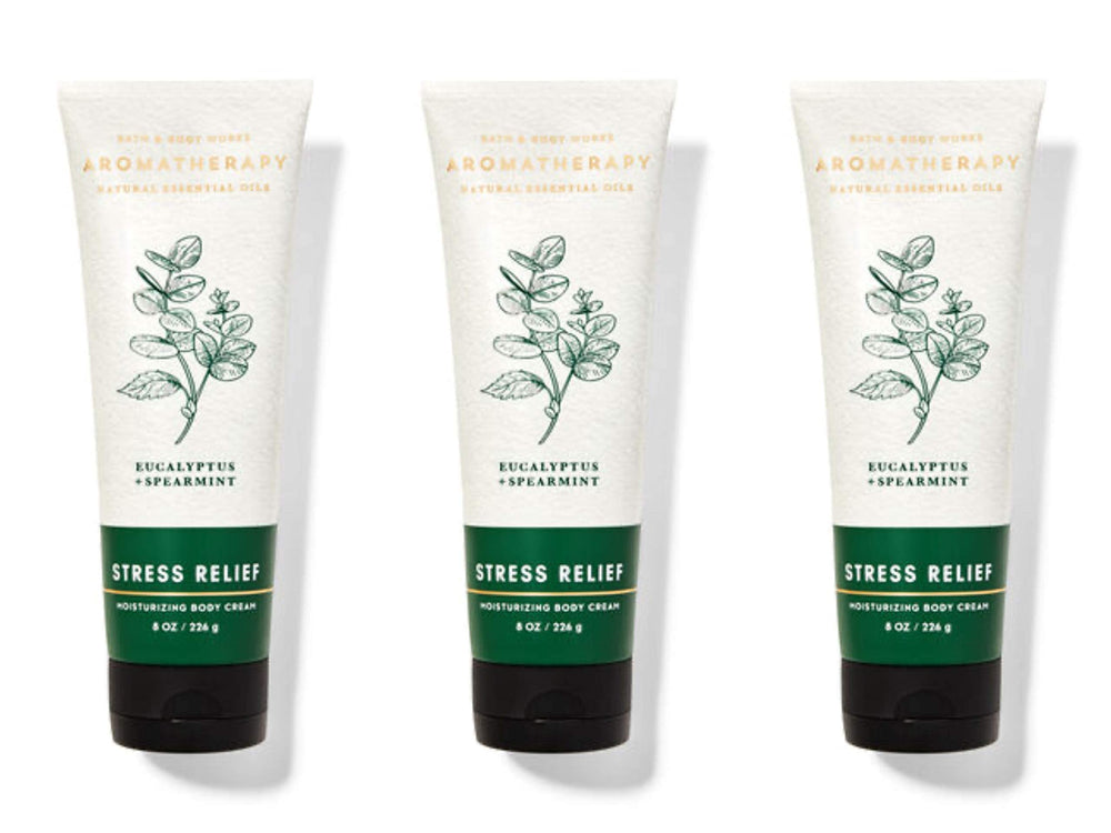 Bath & Body Works Aromatherapy Stress Relief body cream tube showing eucalyptus spearmint for relaxation and hydration.