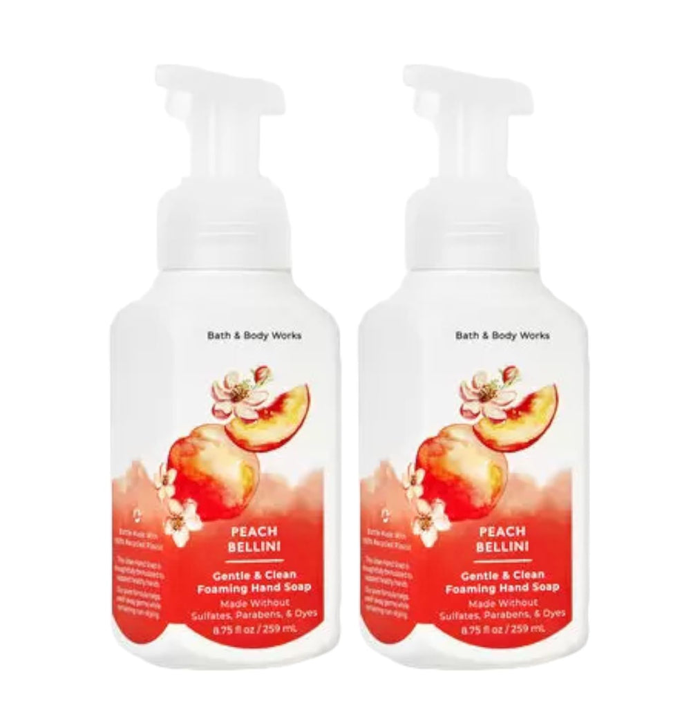 Bath & Body Works Gentle Foaming Hand Soap Peach Bellini bottle offers gentle cleansing with a pleasant scent.