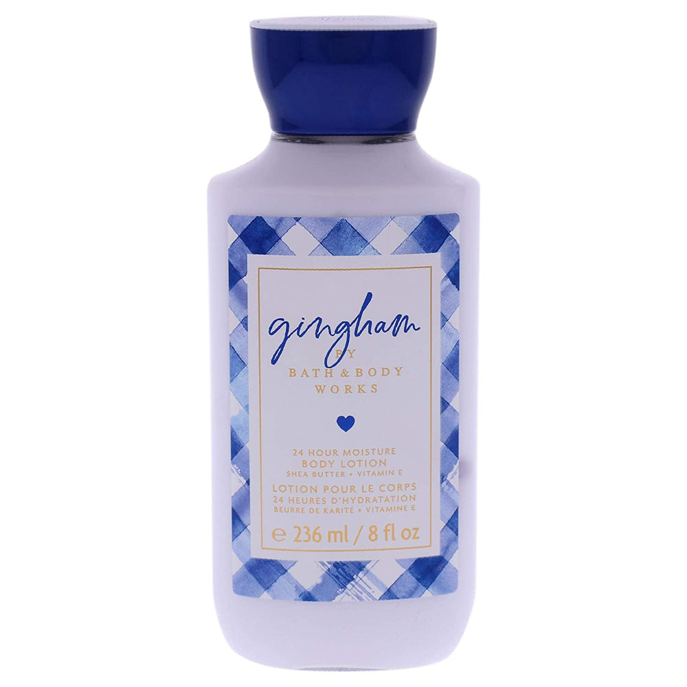 Bath & Body Works Gingham Body Lotion bottle close-up shows up to 24-hour moisture for all skin types.