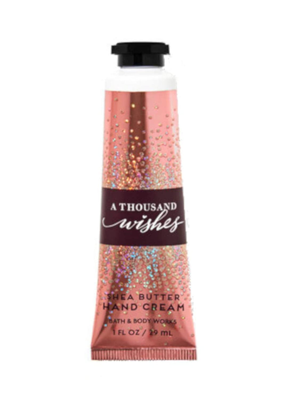 Bath & Body Works Shea Butter Hand Cream A Thousand Wishes bottle shows quick-absorbing formula for soft hands.