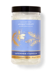 Bath & Body Works shower steamers bottle front with lavender-vanilla scent for spa-like aromatherapy experience.