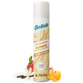 Batiste Brilliant Blonde dry shampoo bottle with color tint blends with blonde hair