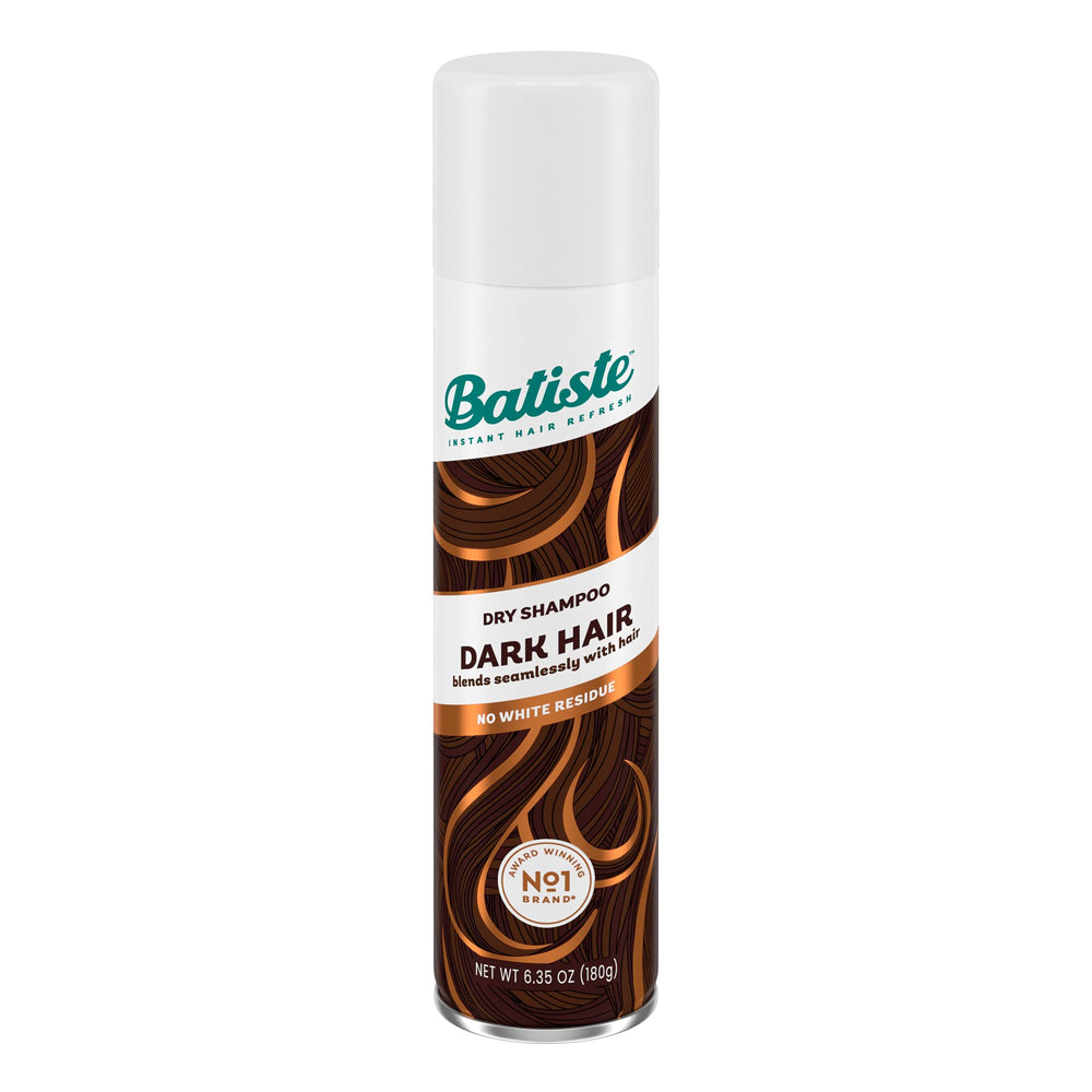 Batiste Dark Dry Shampoo bottle closeup showing quick root refresh for busy mornings