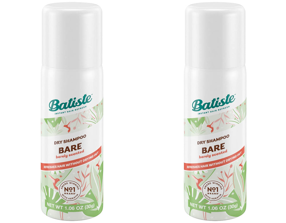 Batiste Dry Shampoo Bare mini travel-size bottle showcasing compact travel-friendly packaging for quick refresh.