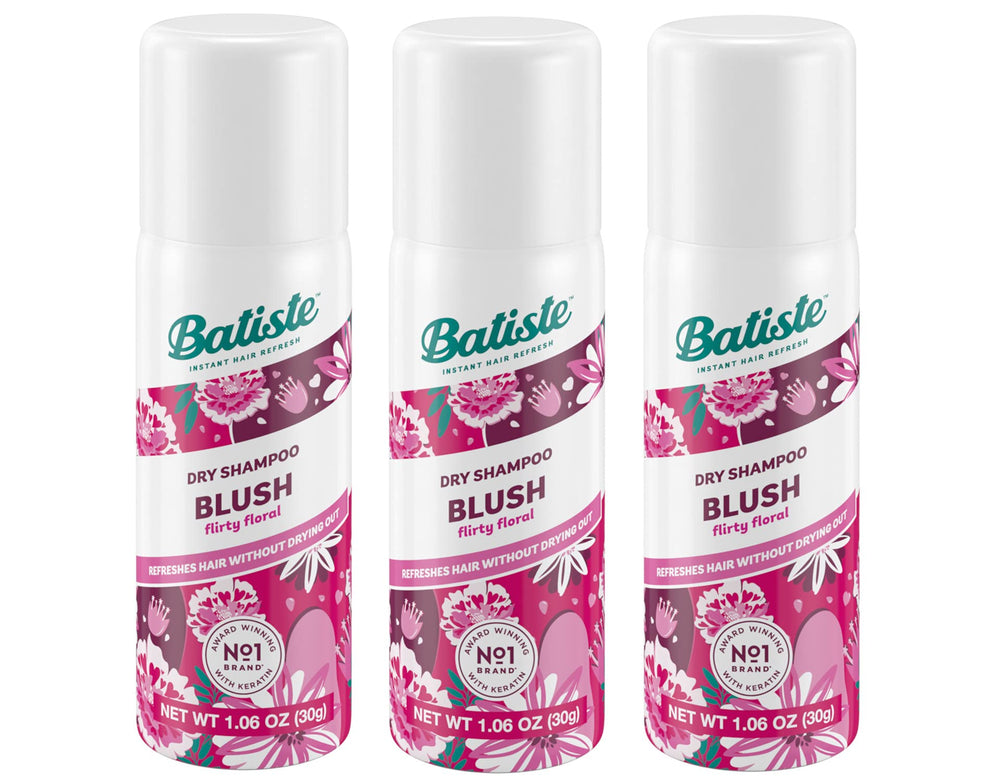 Batiste Floral & Fruity Blush dry shampoo bottle close-up for fast refresh