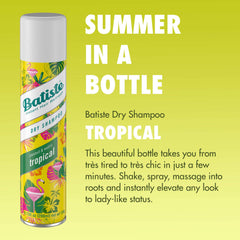 Batiste Tropical Dry Shampoo bottle-back shows ingredients and scent notes without overpowering fragrance