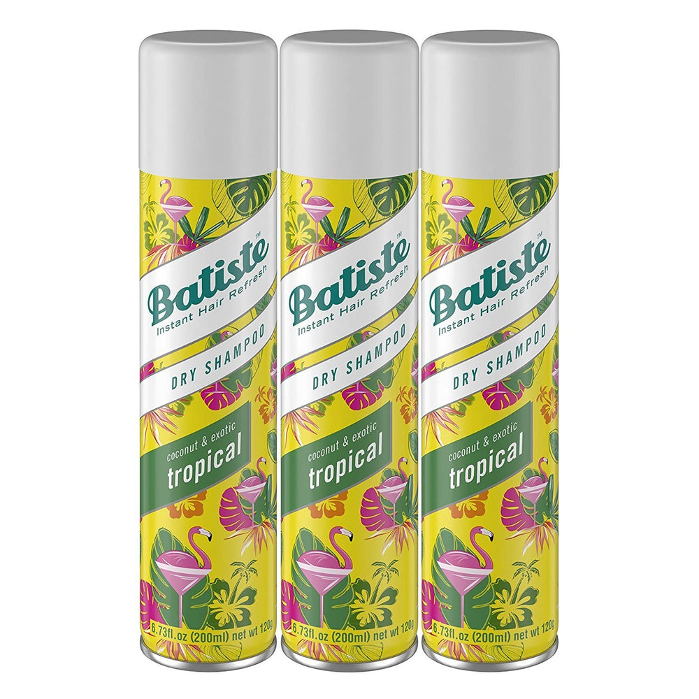 Batiste Tropical dry shampoo bottle front, absorbs oil and delivers tropical fragrance.