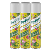 Batiste Tropical dry shampoo bottle front, absorbs oil and delivers tropical fragrance.