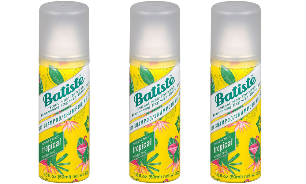 Batiste Tropical dry shampoo bottles front view; quick refresh between workouts.