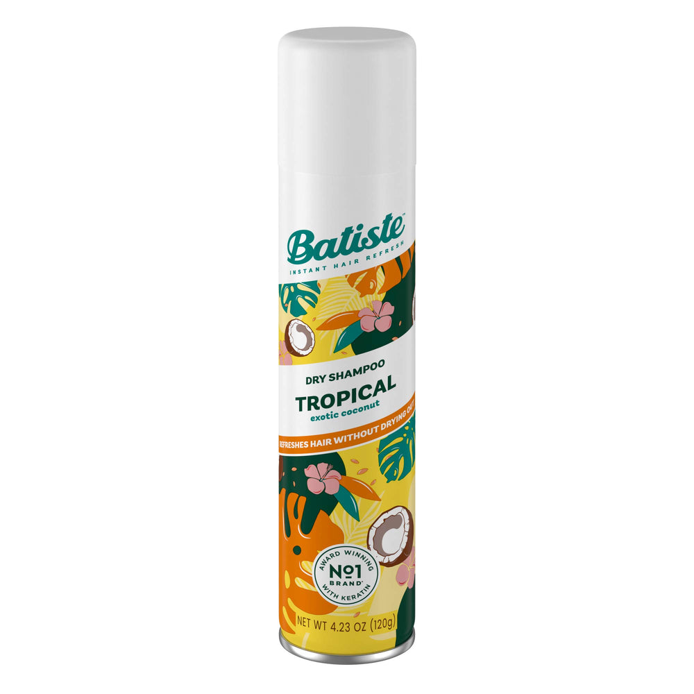 Batiste Tropical Dry Shampoo packaging shows 3-pack for easy on-the-go refresh