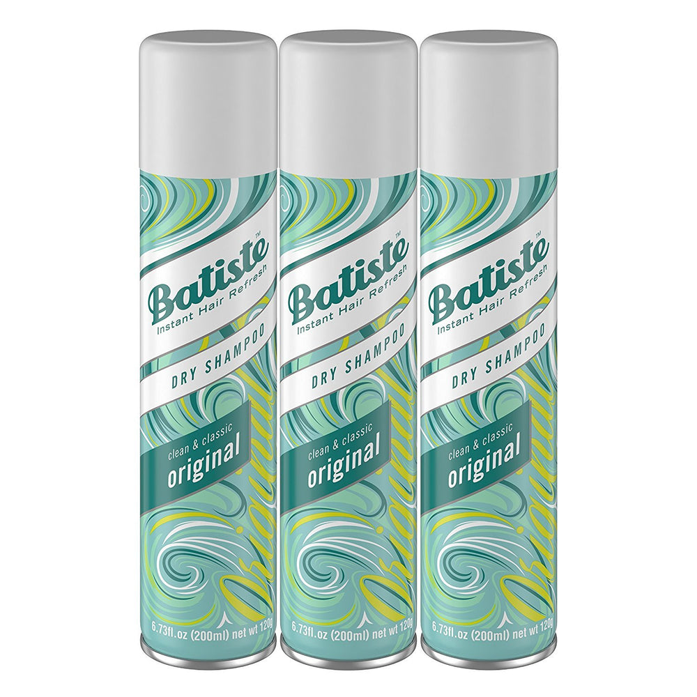 Batiste Original Dry Shampoo bottle pours to refresh roots between washes.