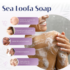 Baudelaire Exfoliating Sea Loofa Soap with seaweed particles delivers a gentle scrub.