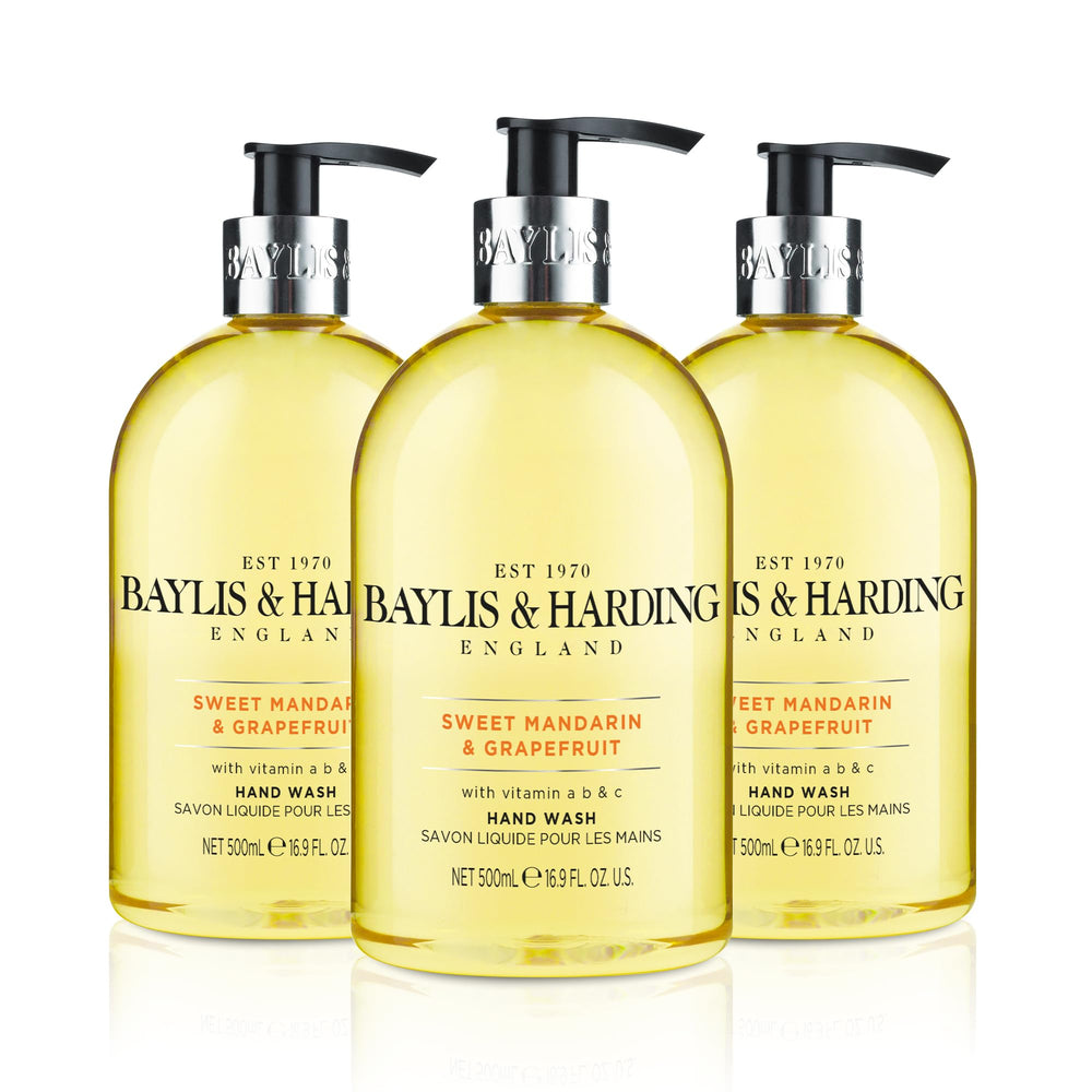 Baylis & Harding liquid hand soap dispenser showing Sweet Mandarin Grapefruit fragrance for refreshing cleansing