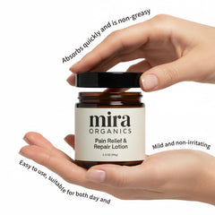 BDQBDQ Mira Relief Lotion hand-application on arm captures soothing, targeted relief.