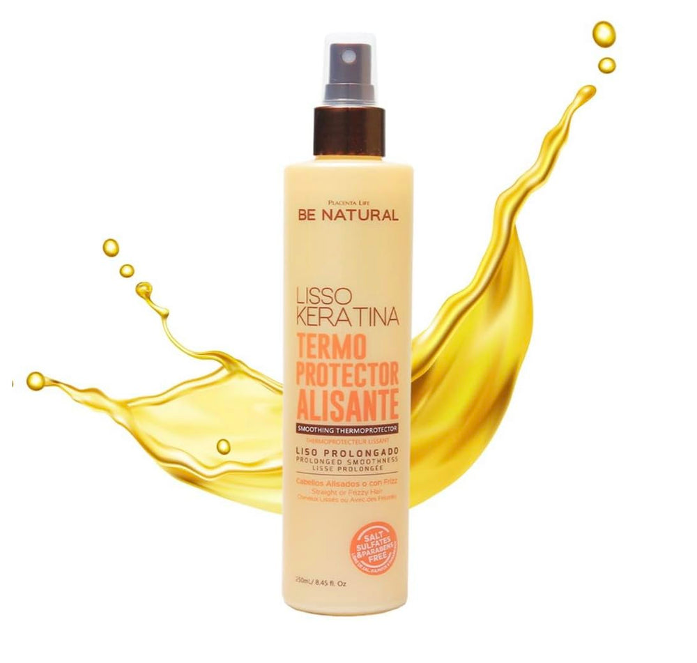 Be Natural Lisso Keratina heat protectant spray bottle reduces frizz and adds shine.