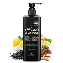 Beadlamey Root Activator Shampoo bottle on bathroom shelf supporting daily scalp nourishment.