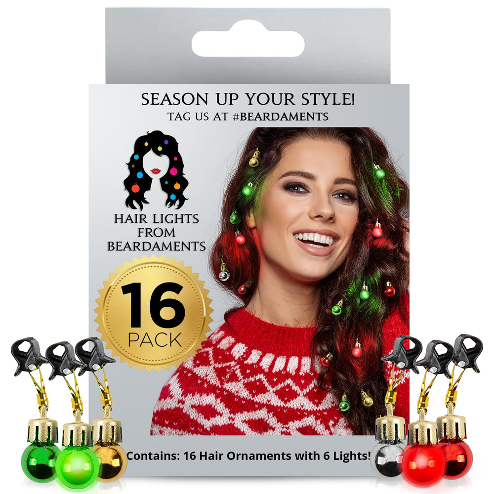 Beardaments Light Up Hair Lights 16-piece ornament set adds festive glow to holiday hairstyles.