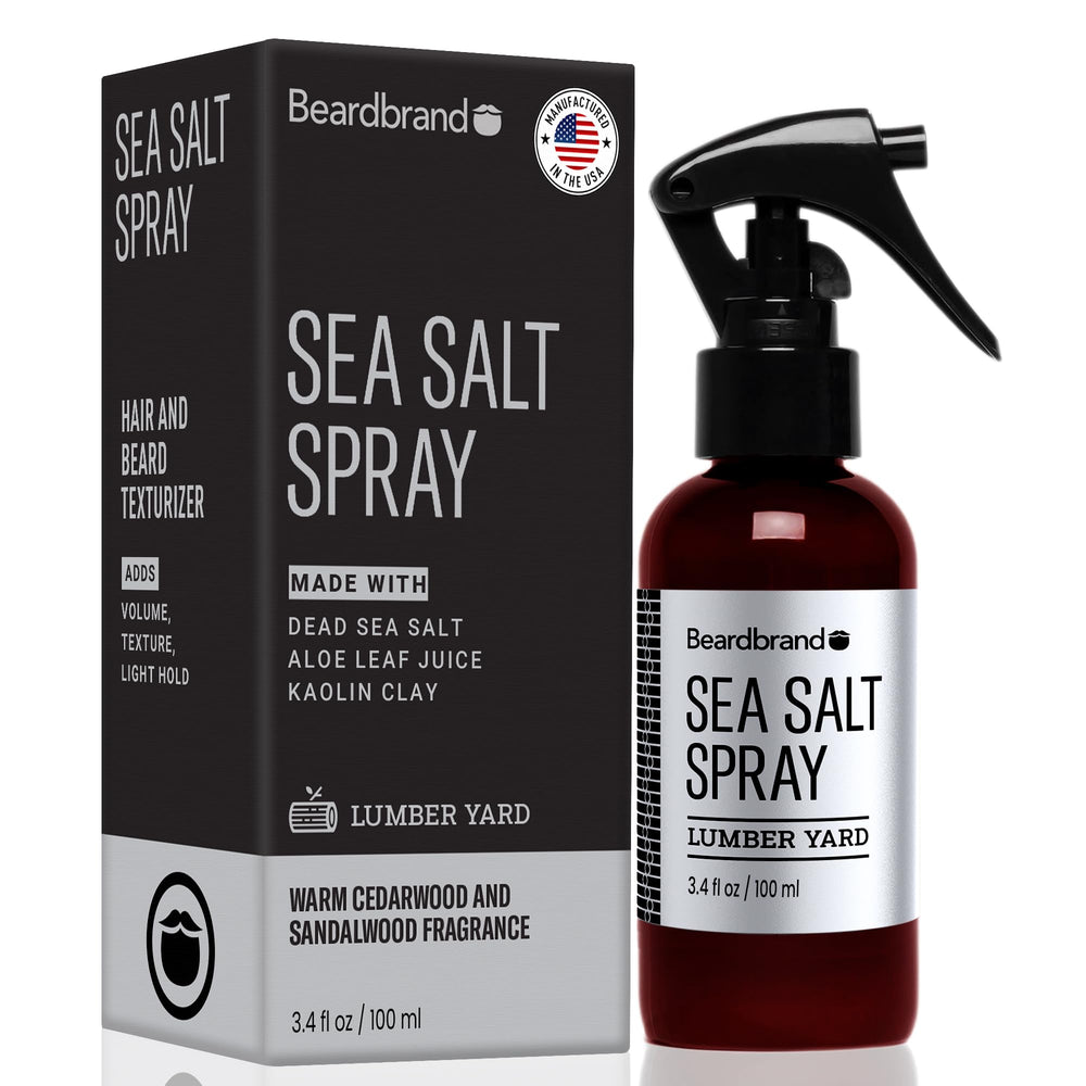 Beardbrand Sea Salt Spray bottle for lightweight hold and texture.