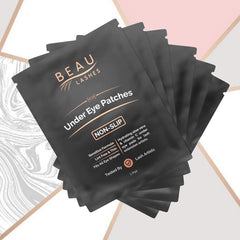 Beau Lashes eye pads hydrogel close-up highlights clear, soothing formula.