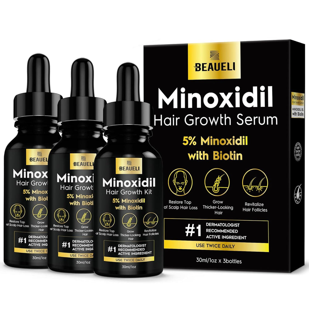 Beaueli 5% Minoxidil bottle pour demonstrates precise application for targeted hair growth