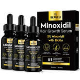 Beaueli 5% Minoxidil bottle pour demonstrates precise application for targeted hair growth