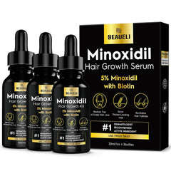 Beaueli 5% Minoxidil bottle pour demonstrates precise application for targeted hair growth