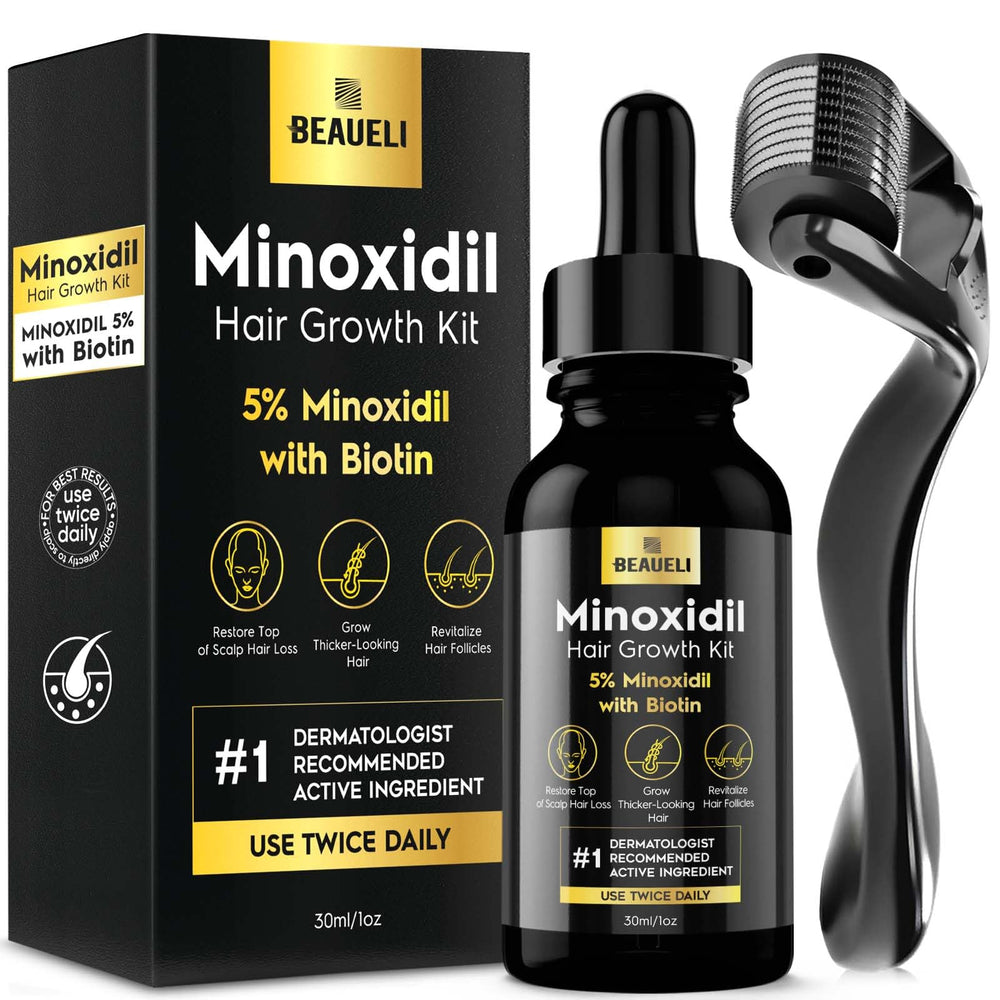 Beaueli minoxidil beard growth kit bottle close-up highlighting regrowth potential.