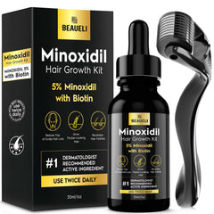 Beaueli minoxidil beard growth kit bottle close-up highlighting regrowth potential.