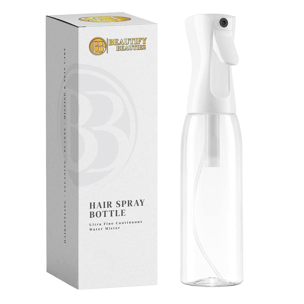 BeautifyBeauties spray bottle with 360 mist for even coverage on hair and plants.