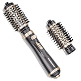 Beautimeter hair dryer brush in action showing rotating mechanism for voluminous, frizz-free styling.