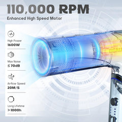 Beautural hair dryer with brushless motor 110000 rpm delivers fast drying.