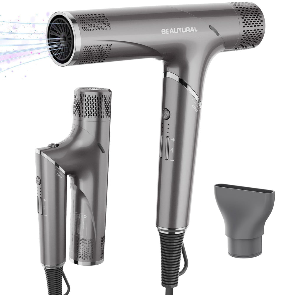 Beautural hair dryer folded for travel, enabling compact packing.