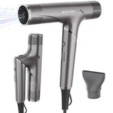 Beautural hair dryer folded for travel, enabling compact packing.