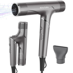 Beautural hair dryer folded for travel, enabling compact packing.