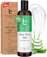 Beauty by Earth Aloe Gel bottle shows USA-made purity for skin and hair care.
