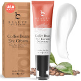 Beauty by Earth caffeine eye cream tube close-up suggests depuffing benefits for a refreshed under-eye area