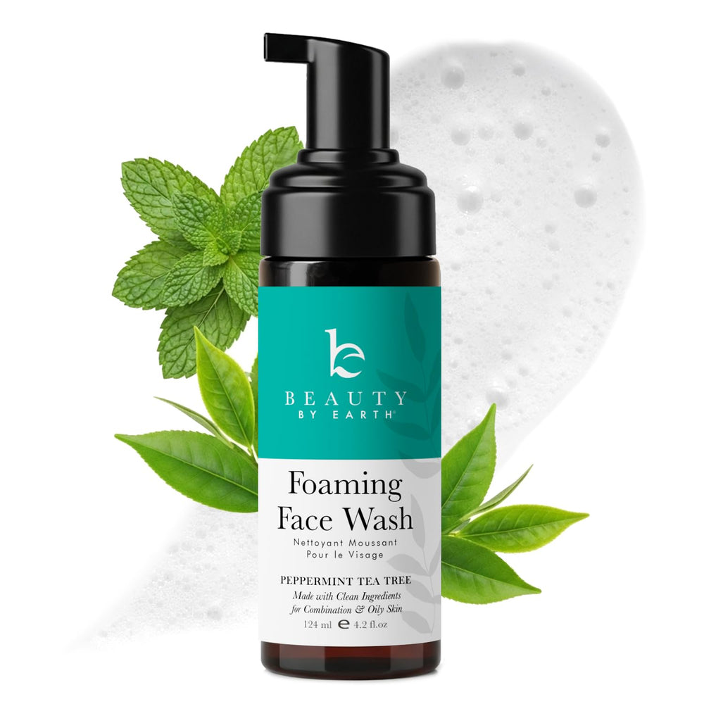 Beauty by Earth foaming face wash pump demonstrates a gentle daily cleanse for all skin types.
