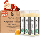 Beauty by Earth lip balm packaging highlights USA-made organic formula for daily lip care.