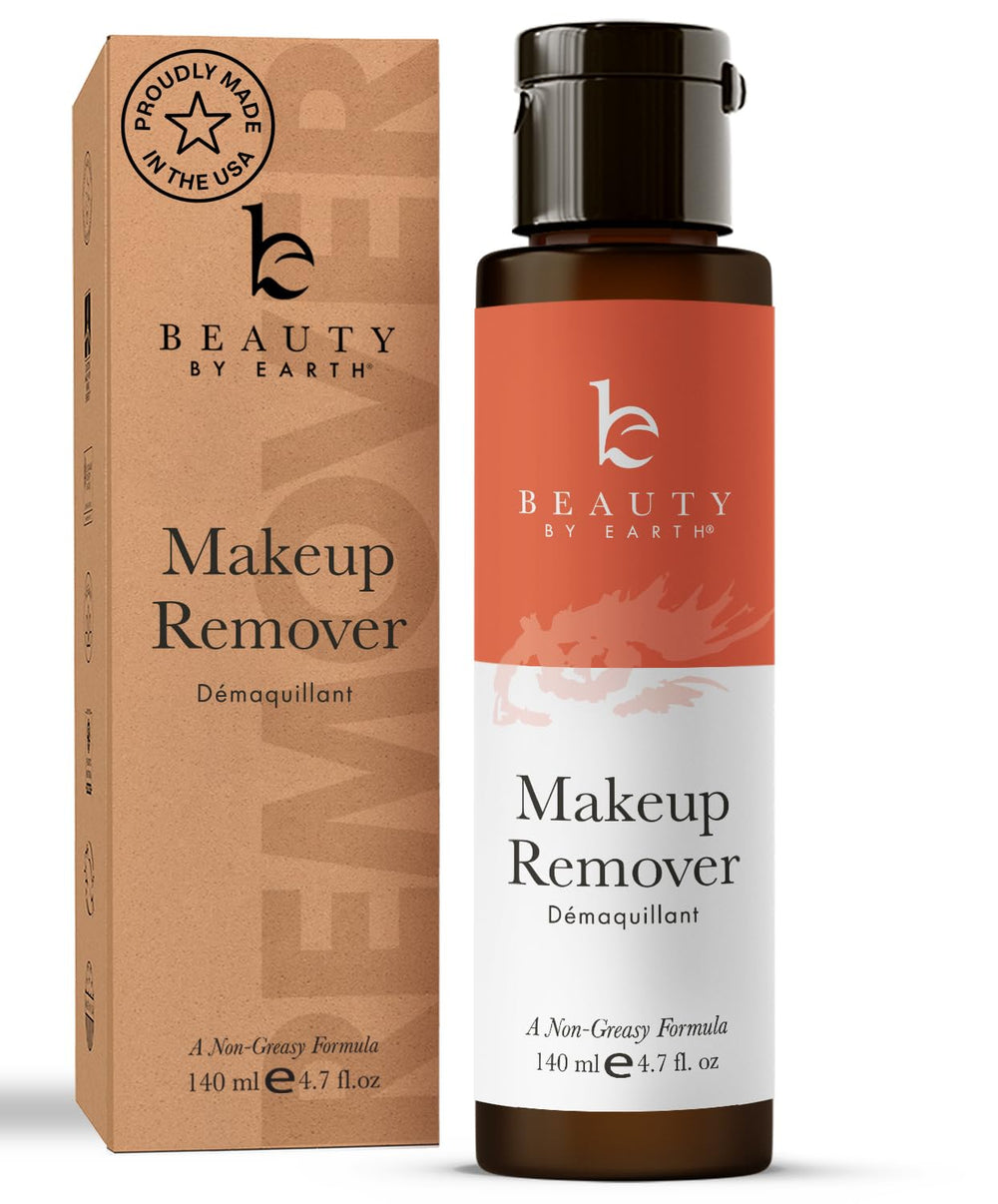 Beauty by Earth makeup remover bottle highlights a gentle organic formula for all skin types.
