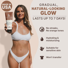 Beauty by Earth Self Tanner body-application highlights streak-free glow.