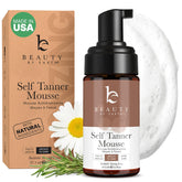 Beauty by Earth Self Tanner Mousse bottle with pump shows easy application.