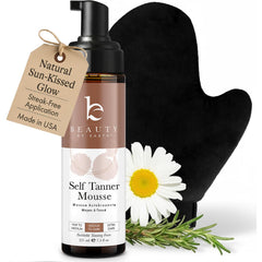 Beauty by Earth self-tanner mousse bottle showing natural, streak-free color development
