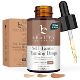 Beauty by Earth self tanning drops face bottle closeup showing deep bronze glow for skin