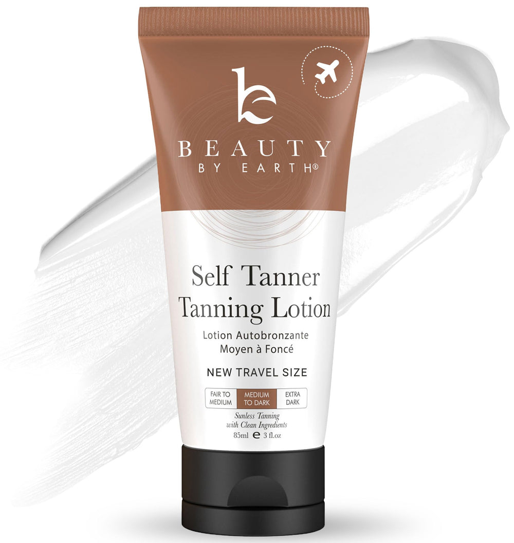 Beauty by Earth tanning lotion travel-size bottle, ideal for on-the-go self-tanning routines.