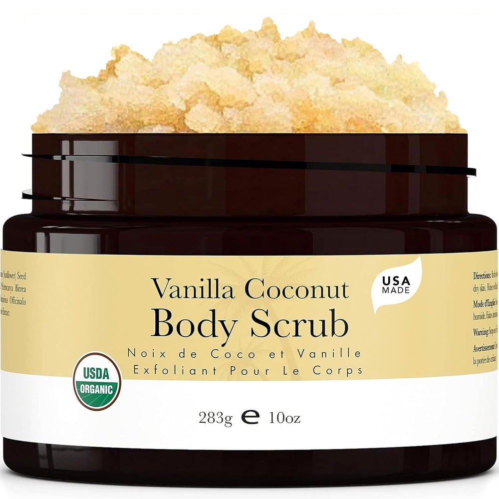 Beauty by Earth Vanilla Coconut Body Scrub jar shows rich texture for exfoliation and moisture.