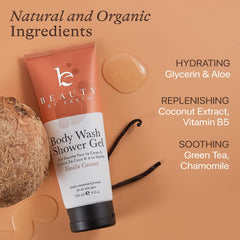 Beauty by Earth vanilla coconut shower gel bottle closeup highlights natural ingredients for sensitive skin
