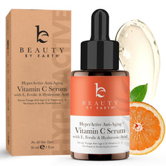 Beauty by Earth Vitamin C serum bottle closeup highlighting antioxidant protection.