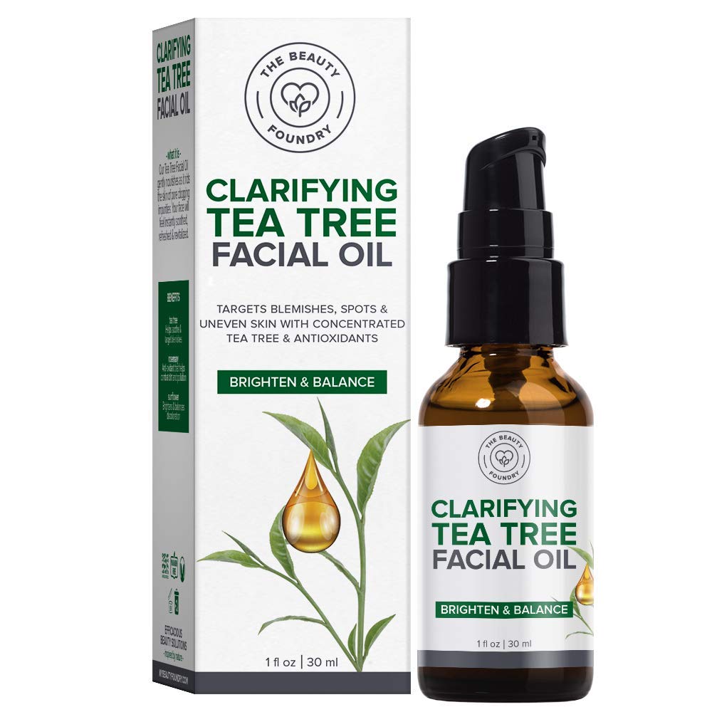 Beauty Foundry Clarifying Tea Tree Facial Oil bottle viewed for clear skin benefits