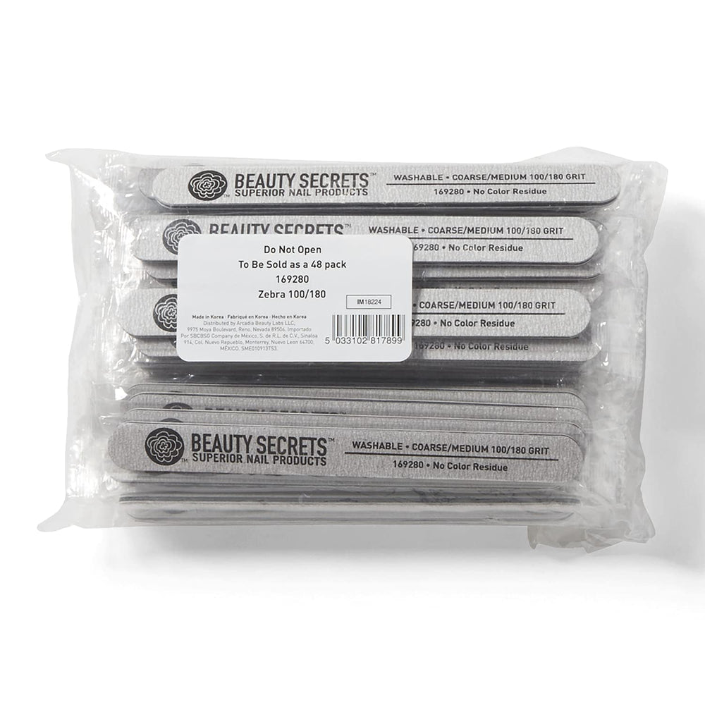 Beauty Secrets Zebra Cushion Nail File with 180/100 grit for acrylic nails and tips.